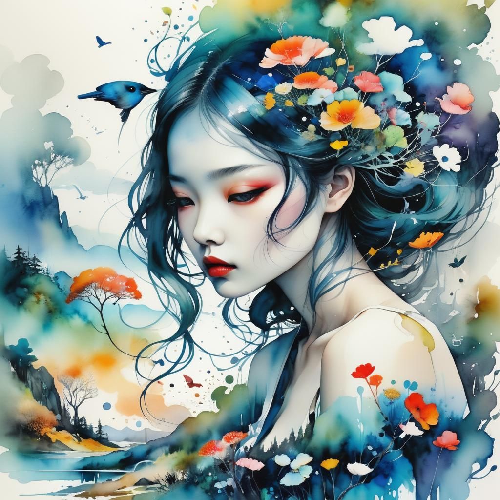 Stylized Watercolor Woman in Serene Landscape