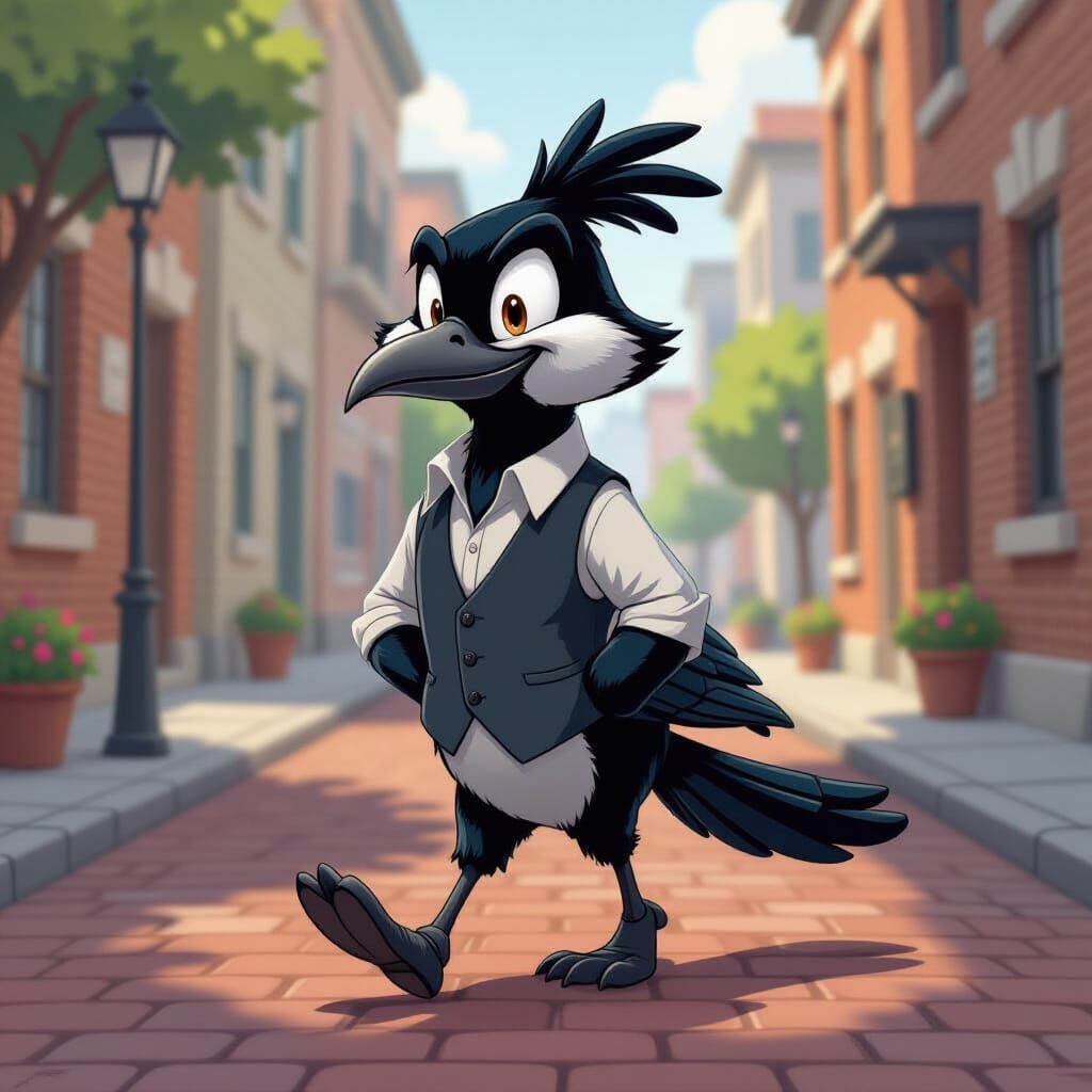Hand drawn illustration of an anthropomorphic magpie in a vest, walking down a street lined with brick ...  by @Kefke