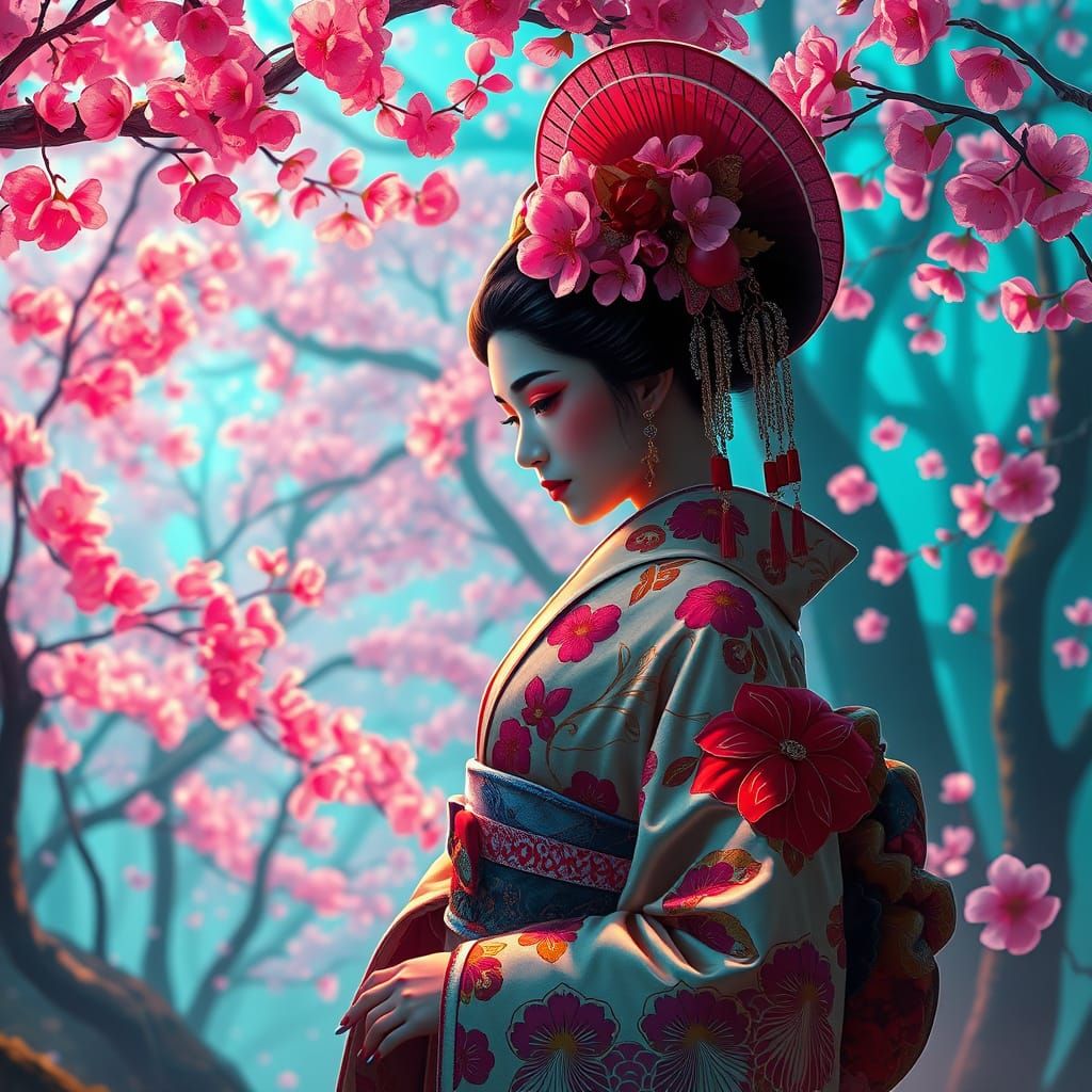 Cyberpunk Geisha in a Vibrant Cherry Blossom Forest