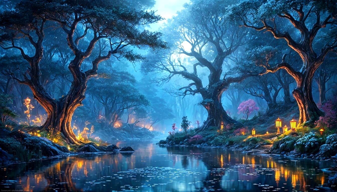 Vibrant wet inks, dreamy landscape, white fire trees, reflective lake, grey lacy figures, deep blue canvas, ...  by @Carlos