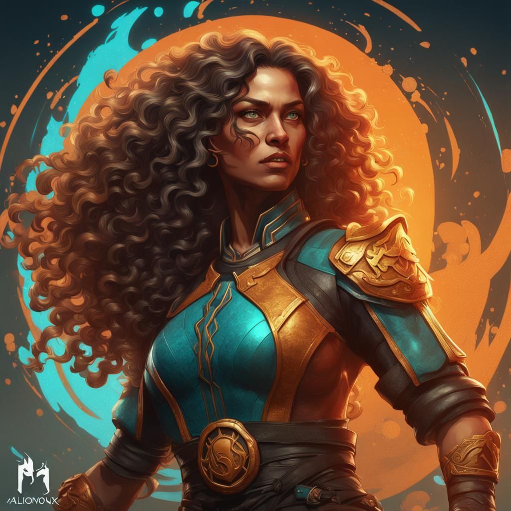 a woman with long curly hair in the style of Milena from Mor...