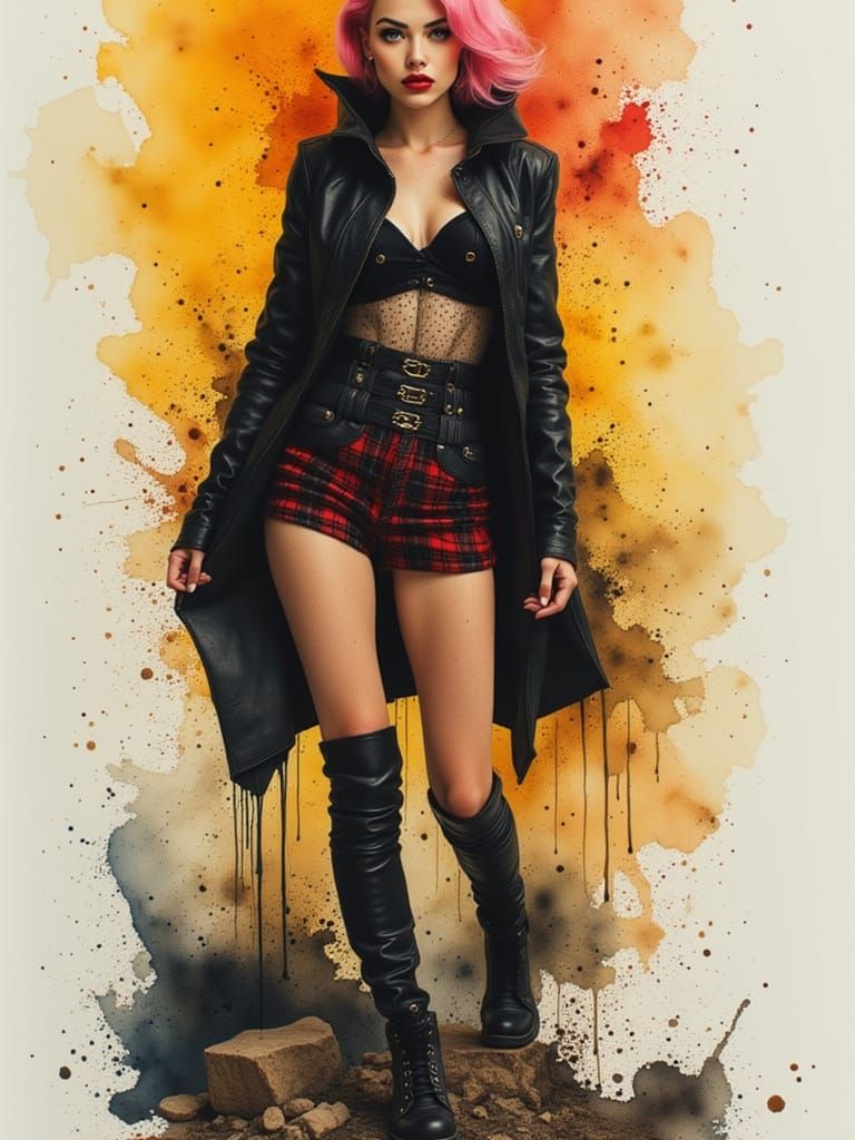 <lora:WhiskeyGouache:1.0>
masterful photography in the style of a Saturday Evening Post cover, a full-body portrait of a gorgeous punk baddi...