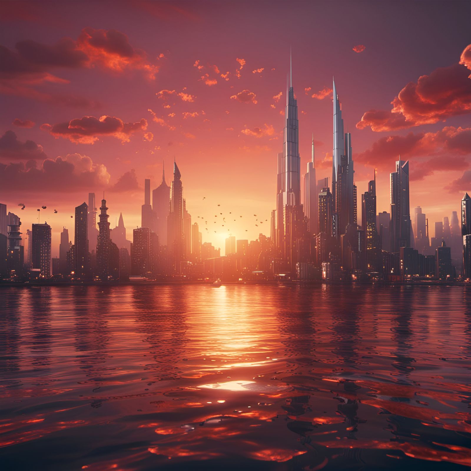 Sunset Cityscape: Detailed Matte Painting in Deep Color