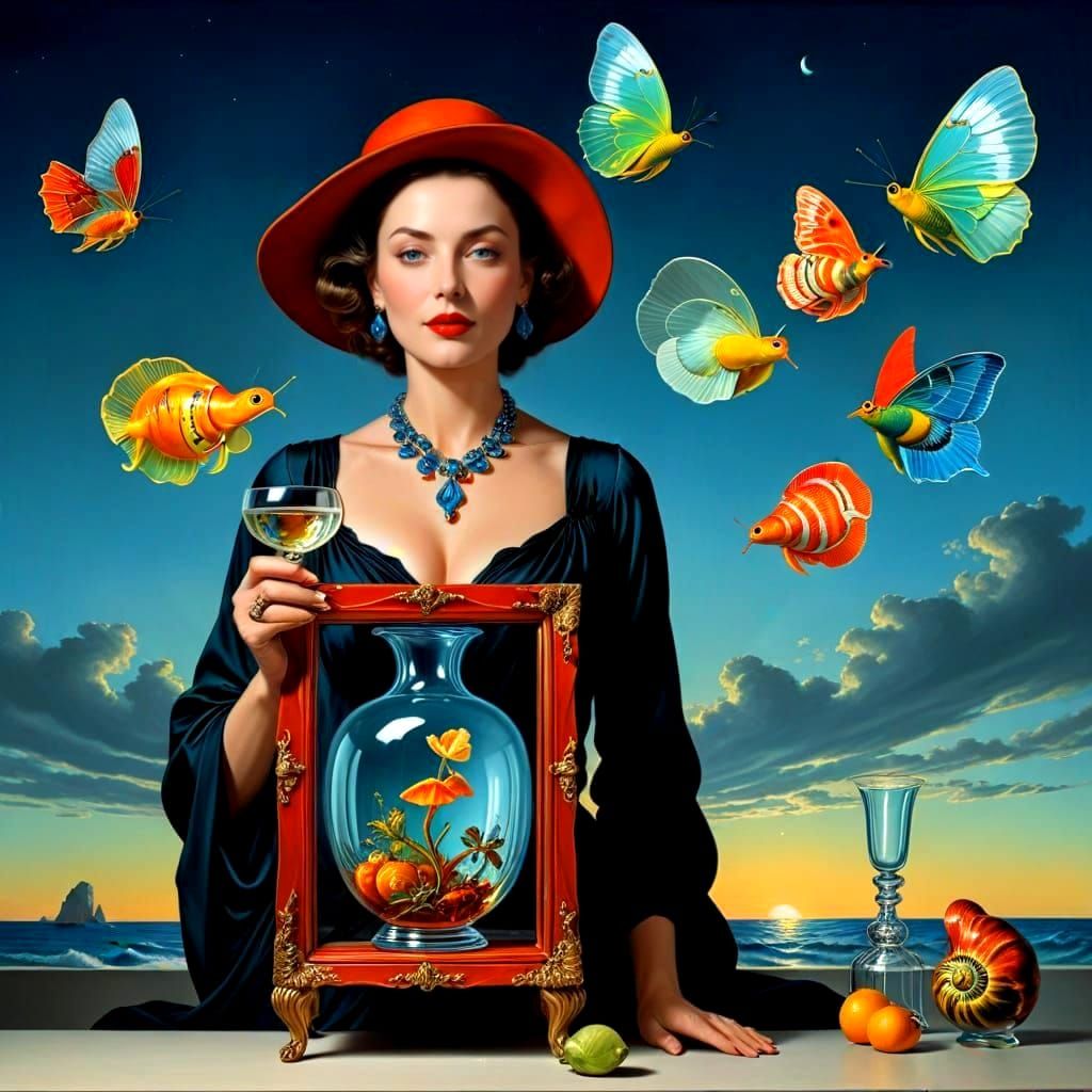 Happy Woman with Fluorescent Glassware in Surreal Twilight