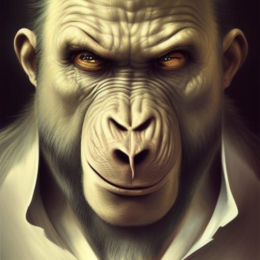 Ape 5D in suit ,5D lighting,surreal fantasy art,detailed fac...