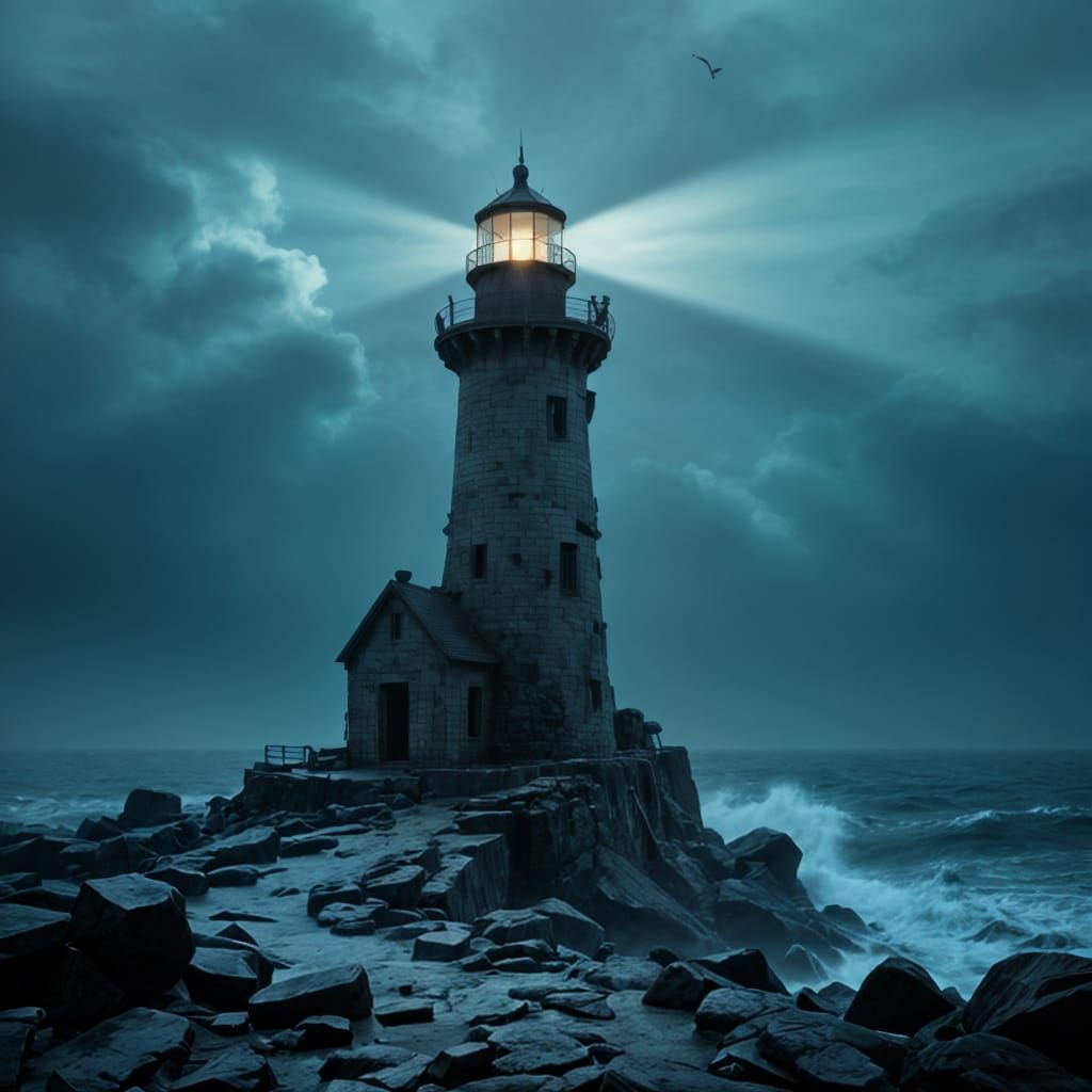 A lone, weathered lighthouse stands on a desolate, rocky outcrop, its beam cutting through a tempestuous, ink-black sea. The structure itsel...