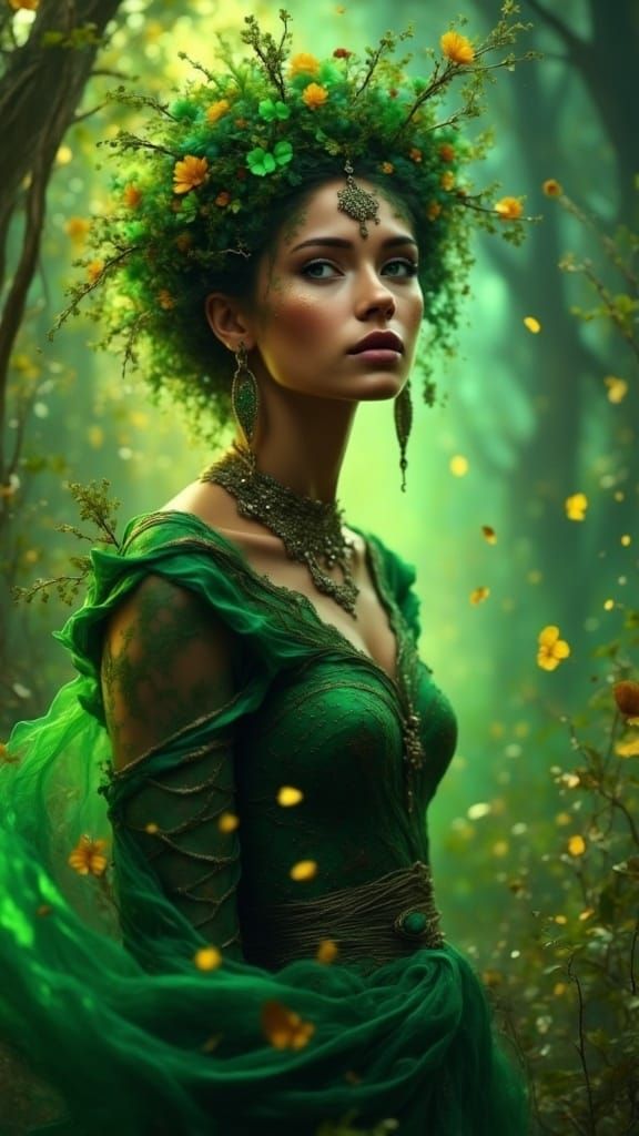 Vibrant green beauty princess waits all alone  