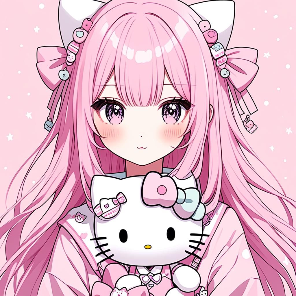 Kawaii Anime Girl with Hello Kitty Plushie