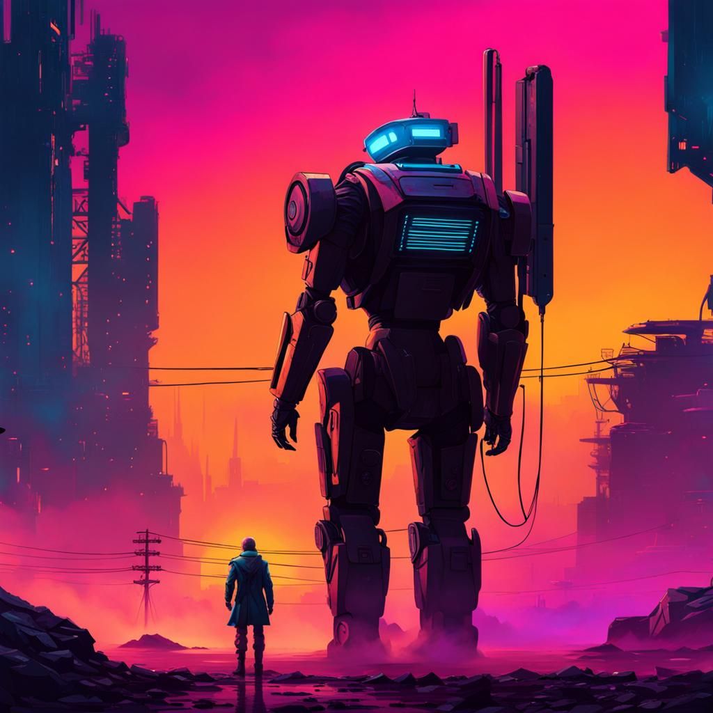 sad alone robot in a apocalyptic dieselpunk landscape, cyberpunk 2099 ...