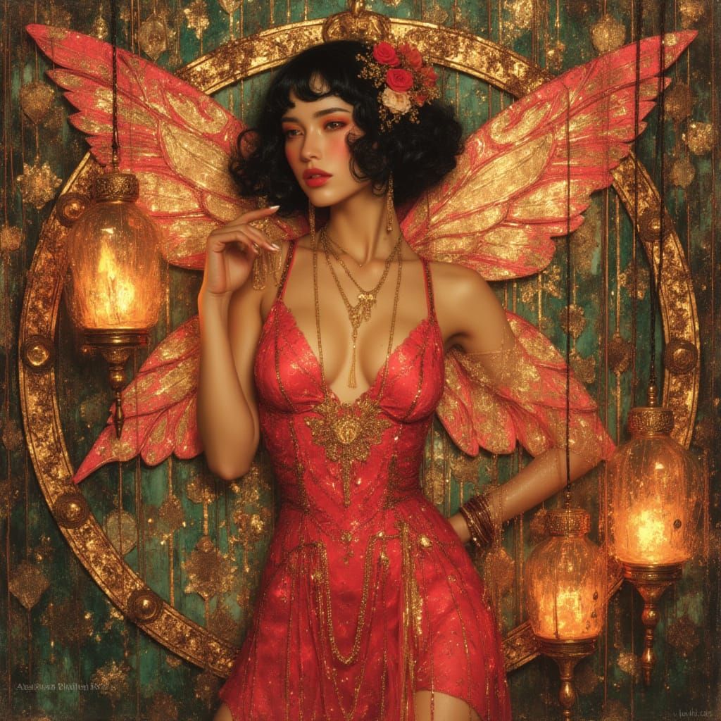 portrait mystic fire cute idyllic circle motifs gold leaf, mixed media on watercolor paper Miho Hirano WLOP looking_down dolllike fae ember-...