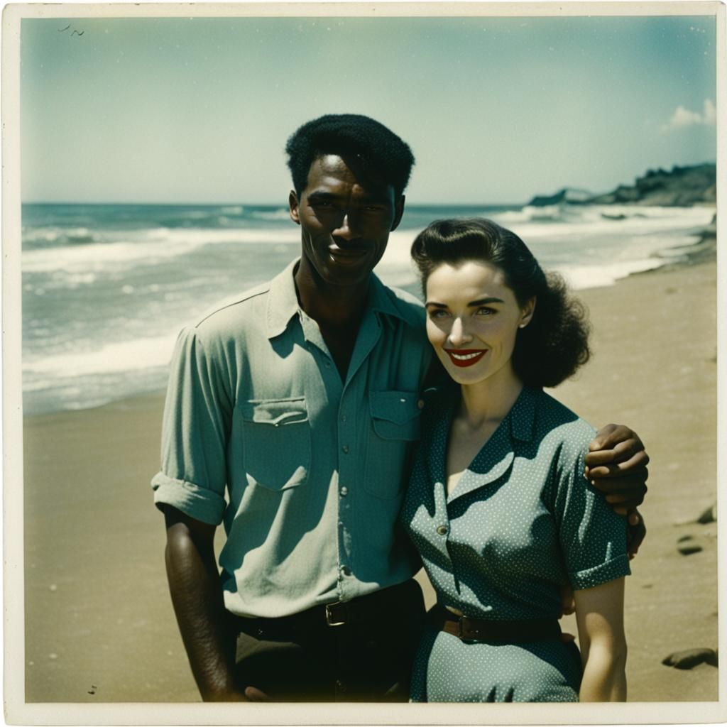 A Polaroid photo of young lovers at the beach in 1950.   by @Aick