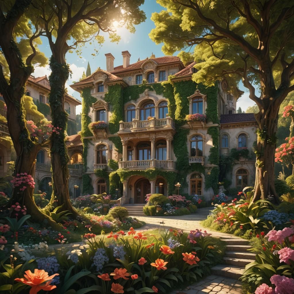 Grand Villa Surrounded by Fantastical Flora