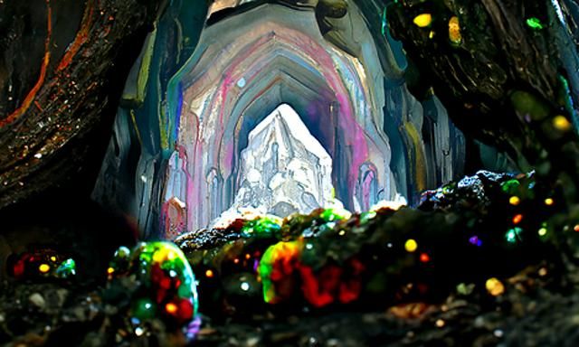 Rainbow Crystal Geodes Growing As A Stalagmite In A Luscious Cavern