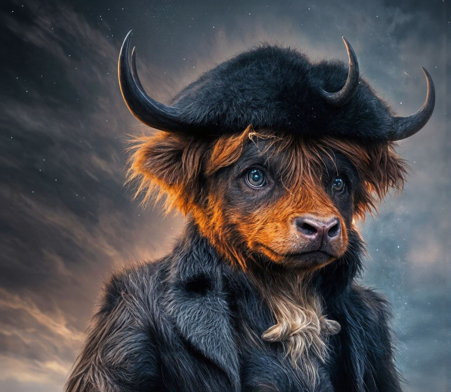 Detailed digital illustration, deep dreamscape aesthetic, where reality warps and perception dissolves. An anthropomorphic Highland cow calf...