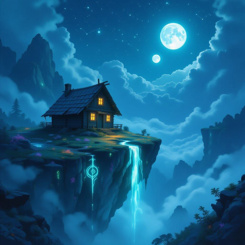 A lone, weathered cabin sits precariously on the edge of a floating island, tethered by glowing, ancient runes. Below, a chasm filled with b...