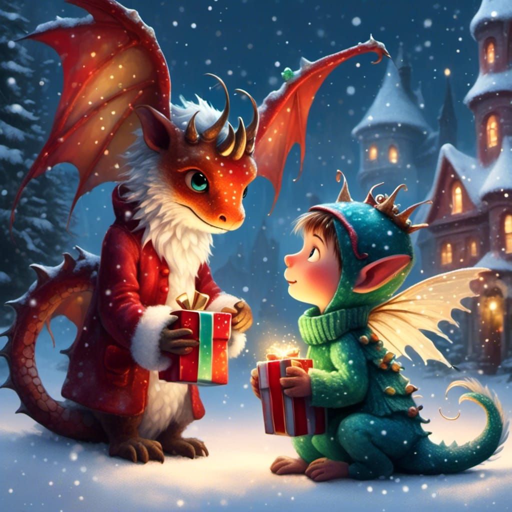 Cute tiny fairy handing a Christmas present to a cute dragon deep colors, fantasy digital art, high quality, storybook style <lora:Tis the S...