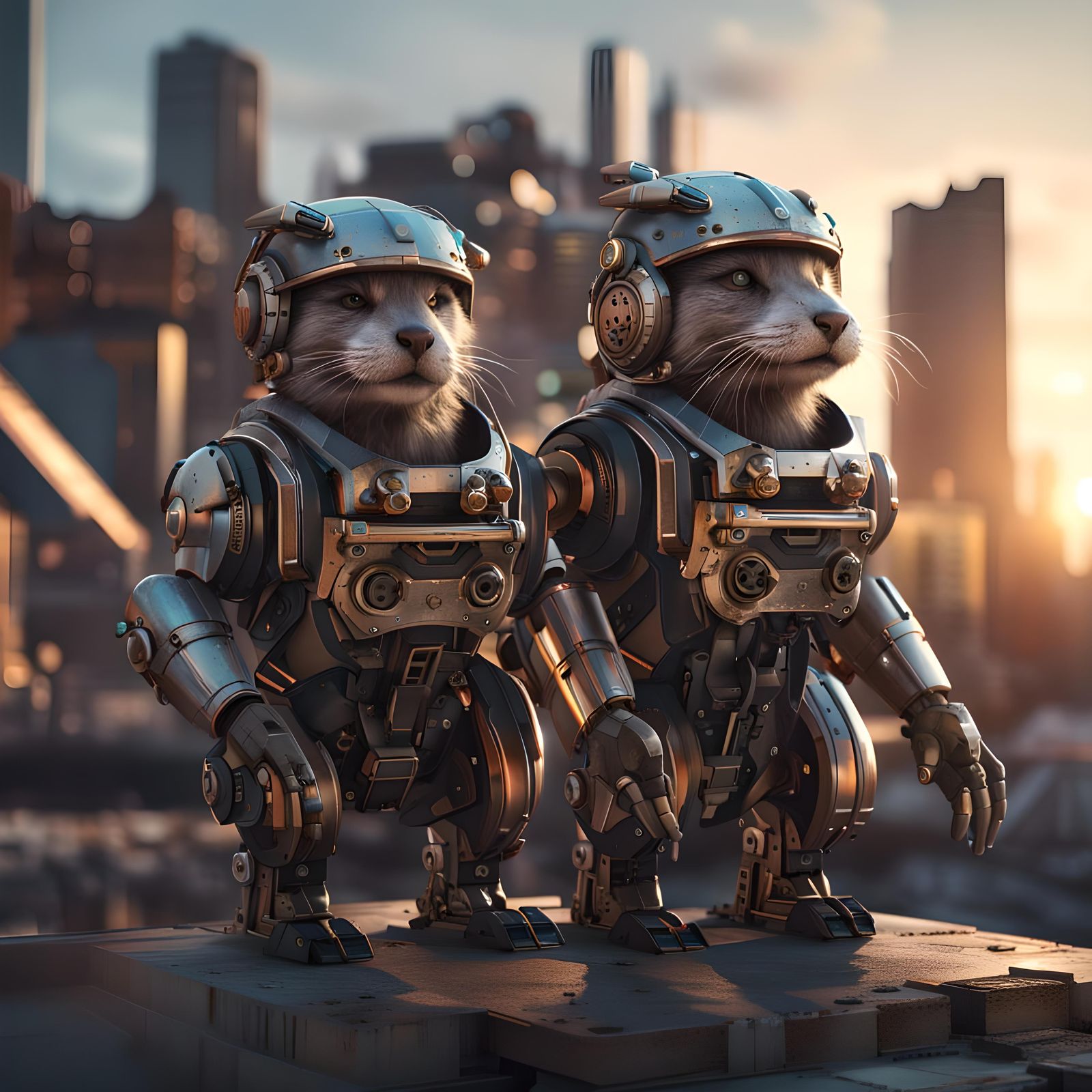 Mechanical otter twins, with sci-fi helmets, shoulder cannon...