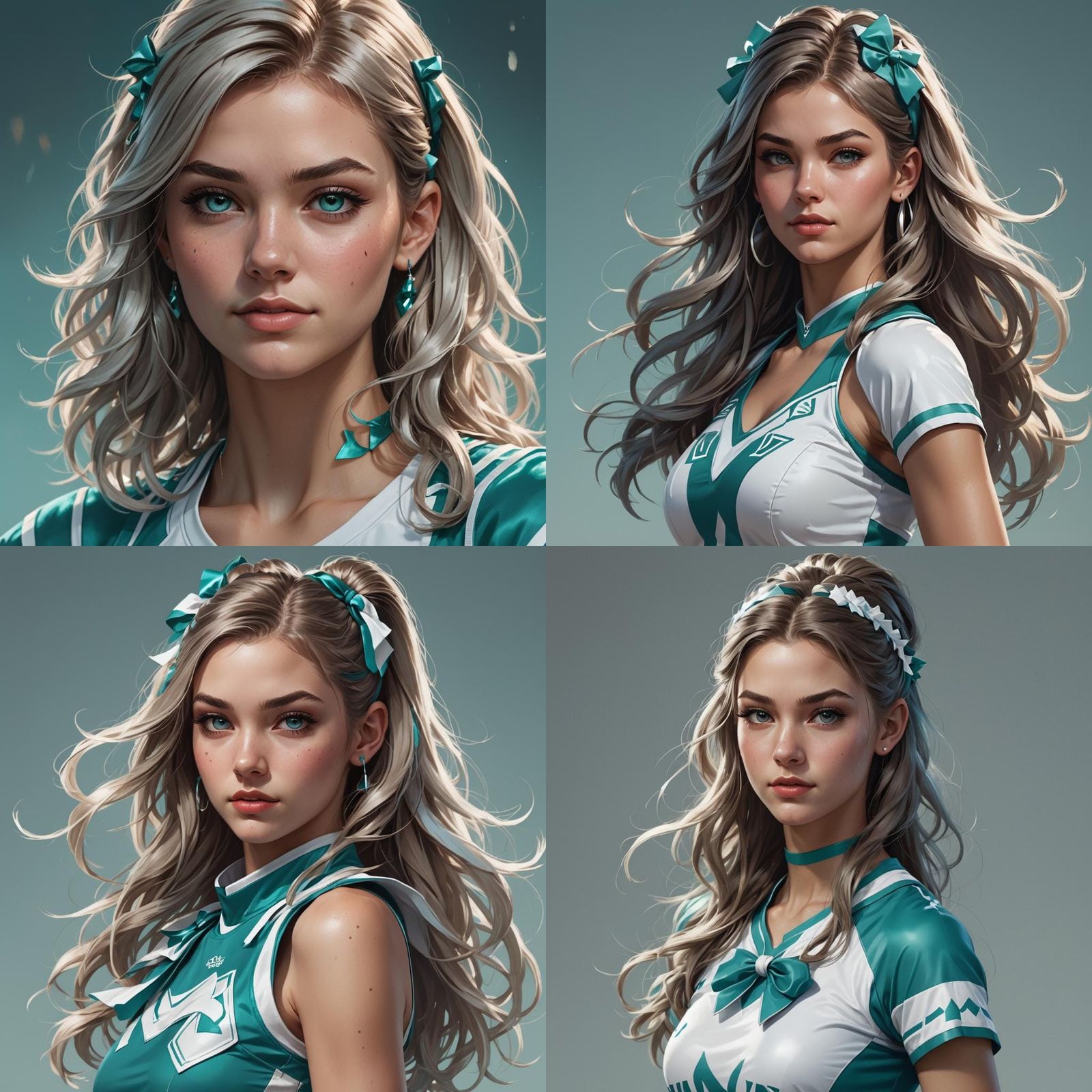 Caucasian teenage girl wearing teal and white cheerleader at...