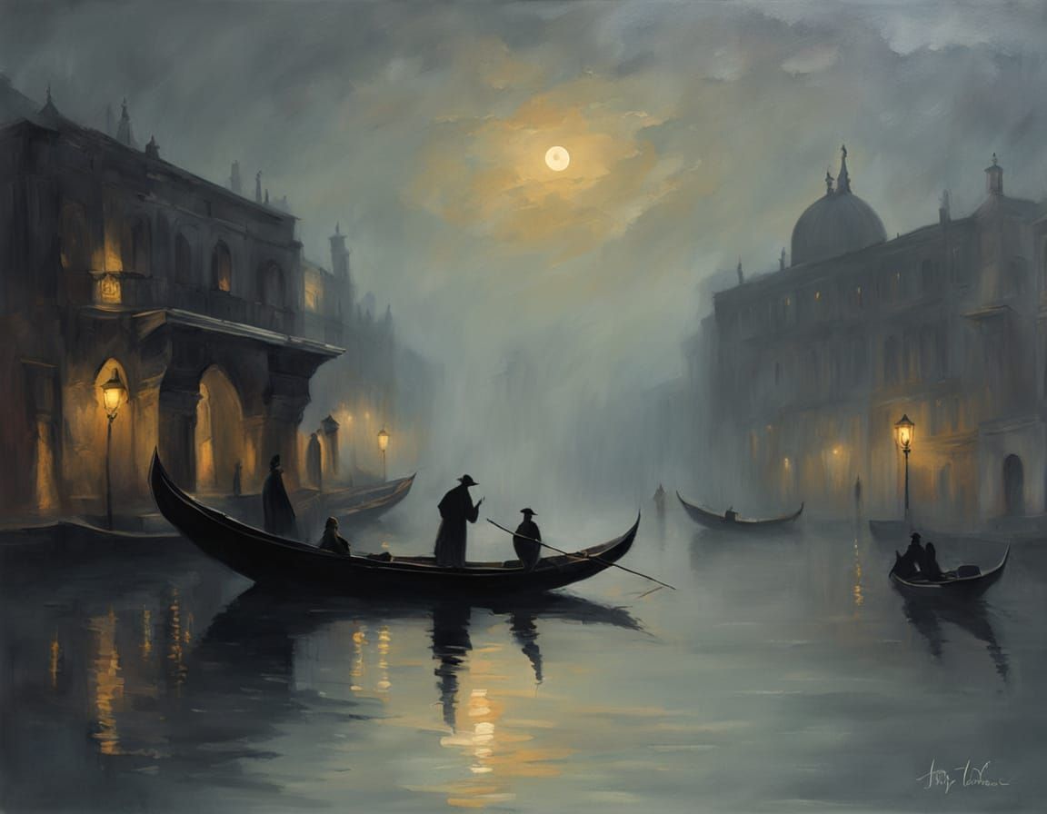 Venice at night, Gondolas gliding silently through the mist.    by @Goosie Girl 