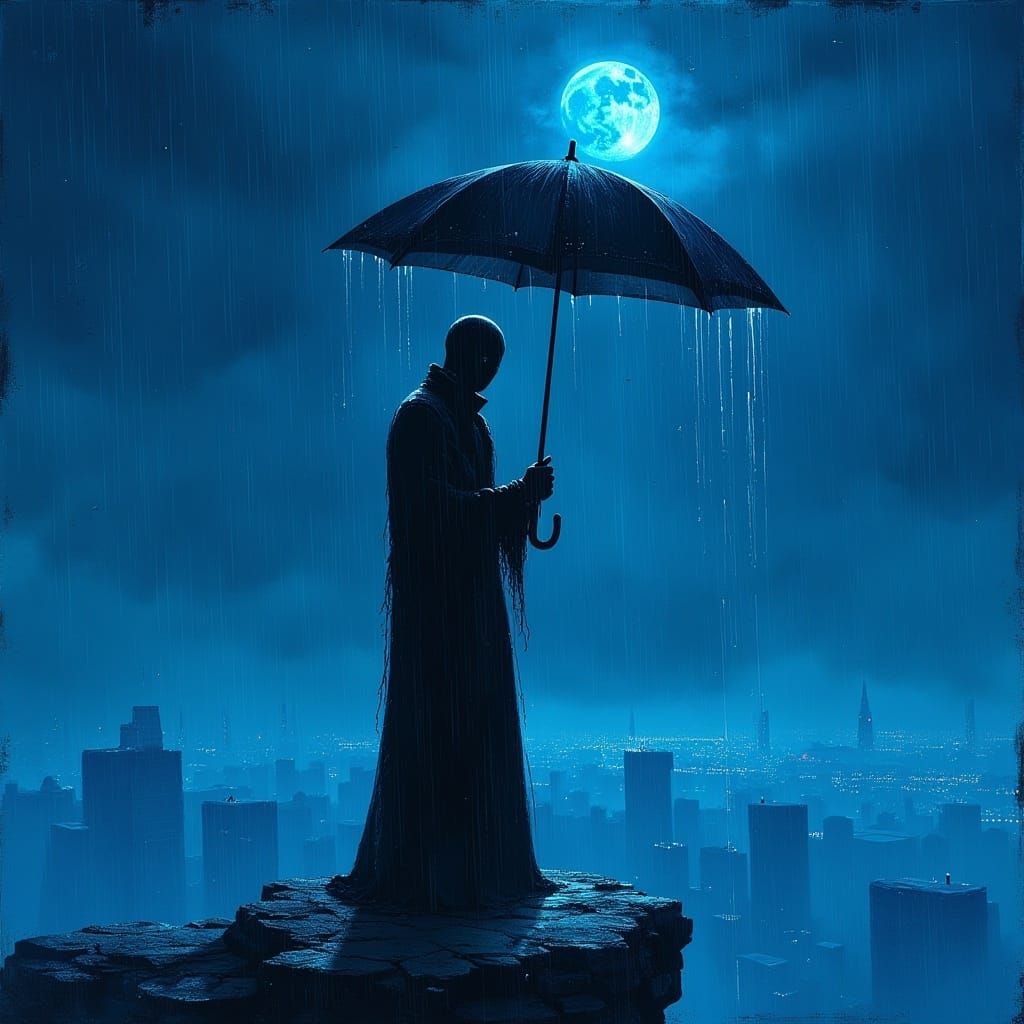 <lora:MJ6:1.0> A mysterious faceless man is holding an umbrella with Pareidolia dripping from it. The man stands on a precipice, with a rai...