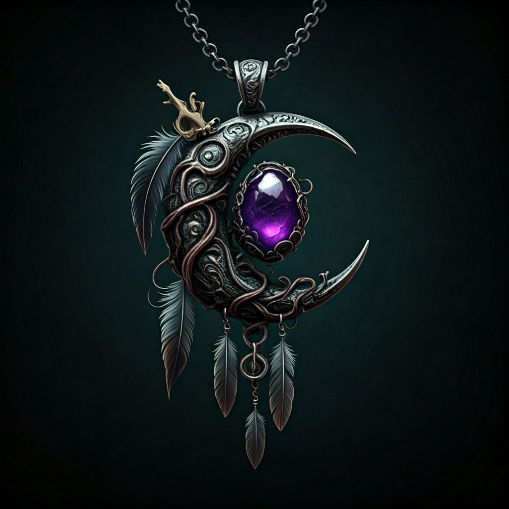 "Design a mystical amulet cursed by an ancient witch. The amulet is a small, worn pendant, shaped like a crescent moon intertwined with dark...