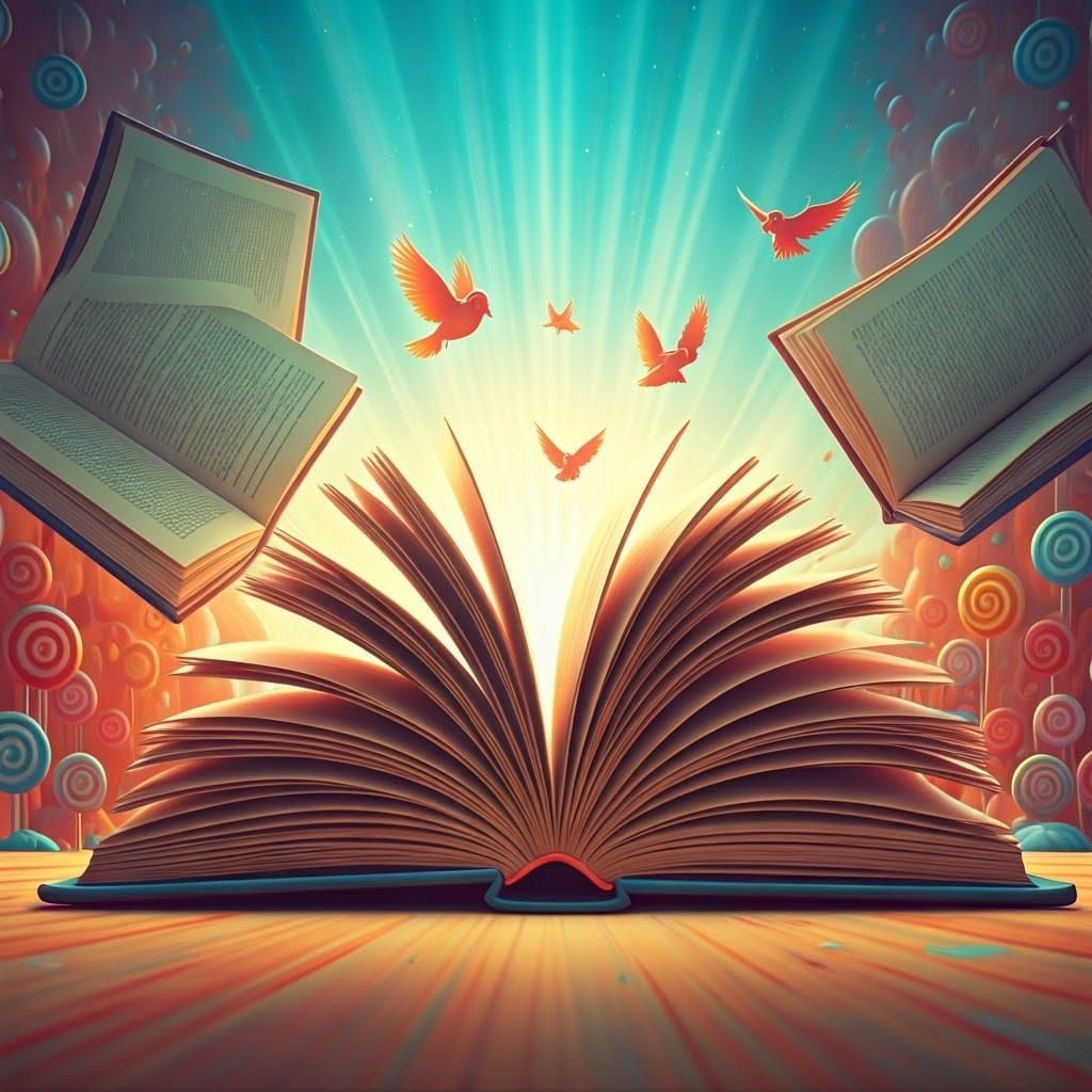 Whimsical Book Wonderland with Flying Pages and Birds