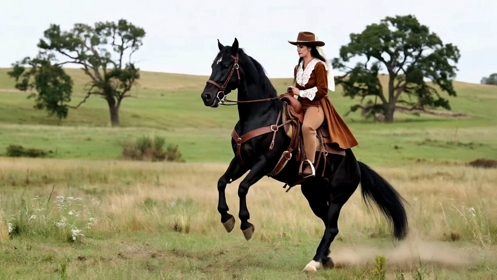 Cowgirl on the back of a stallion, as they are learning to Rear as she trys to hangon.