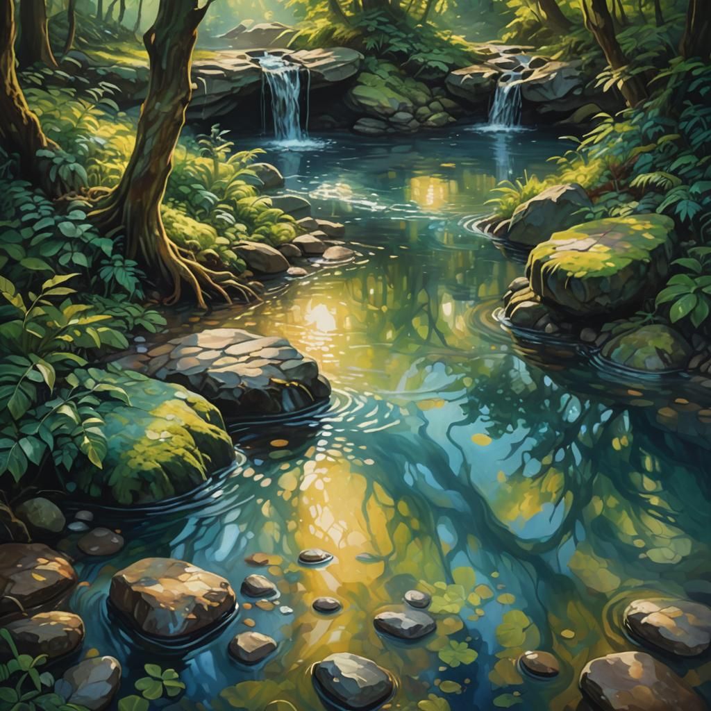 Lush Forest Spring in Vibrant Oil Painting