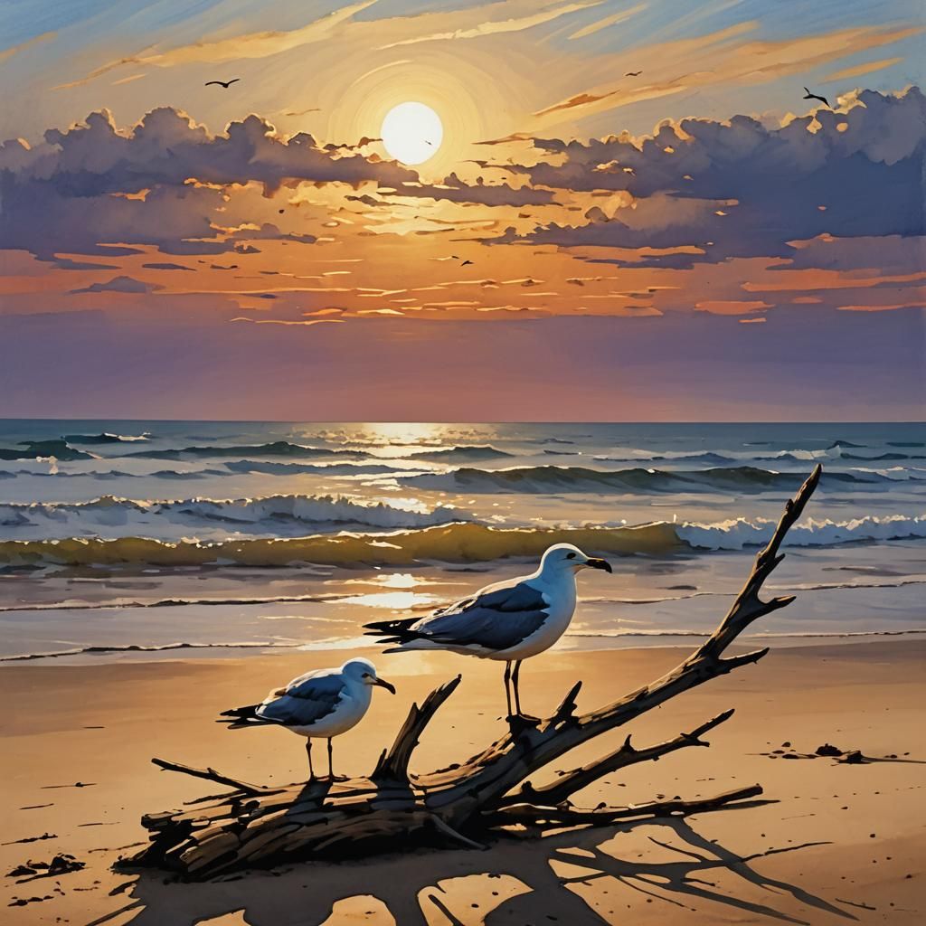A seagull on a piece of driftwood on the beach, framed and b...