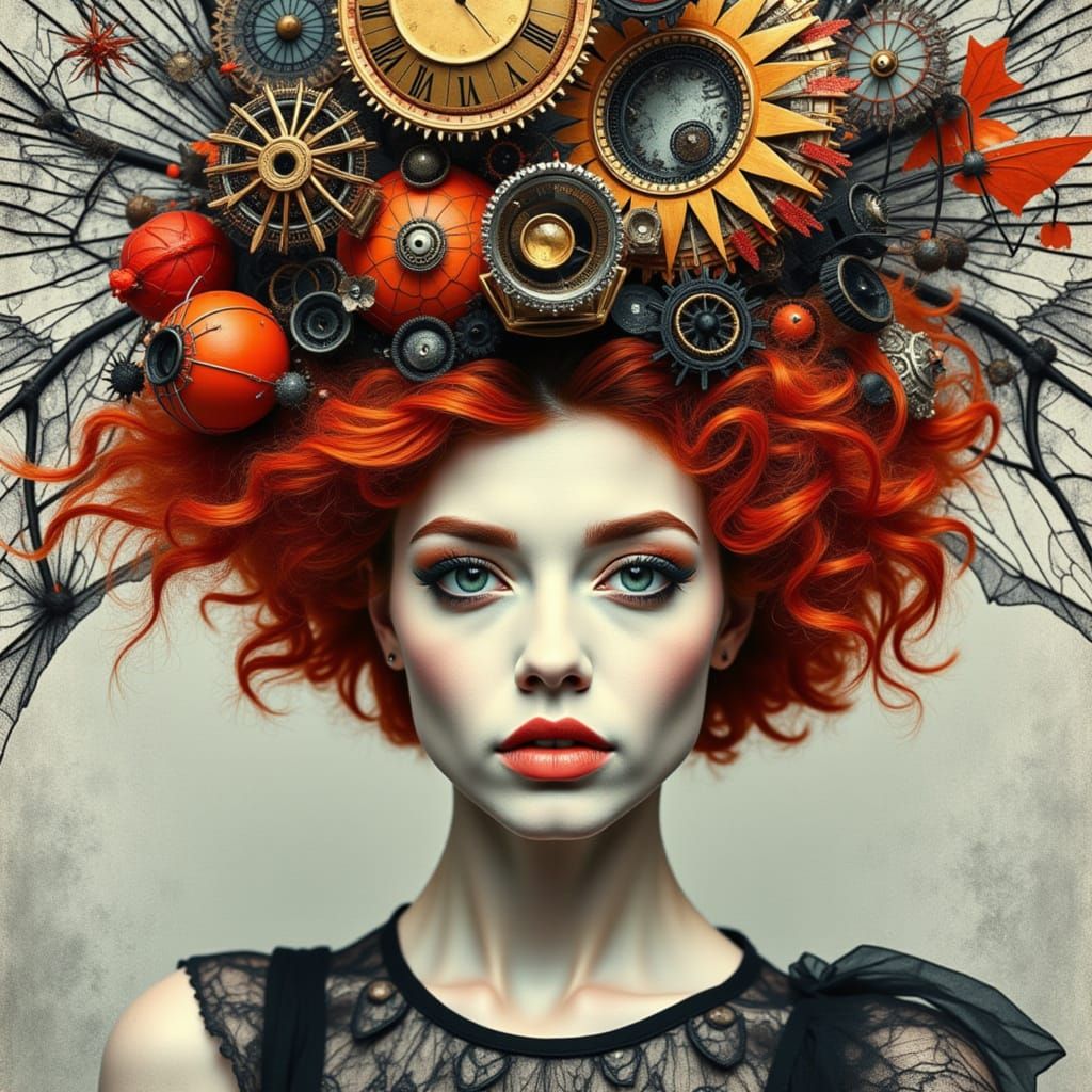 <lora:Ginger Red:1.0> Red headed woman  steampunk   mystical and poetic dreamlike Paul Klee, surreal and celestial, etching & delicate aquat...