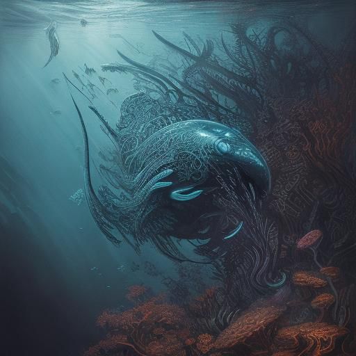 Nightmare Underwater view of a huge fantastical glowing tran...