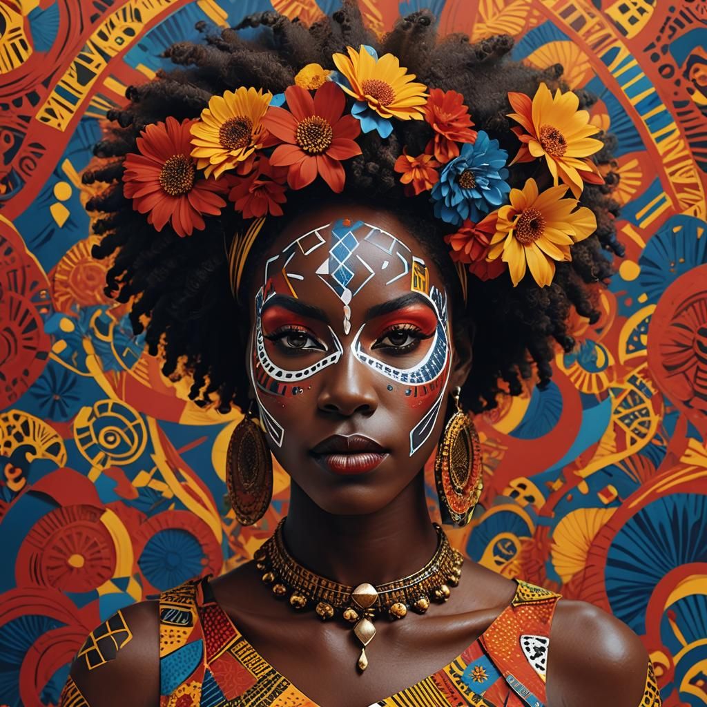 Create an artistic portrait of an African woman with colorfu...
