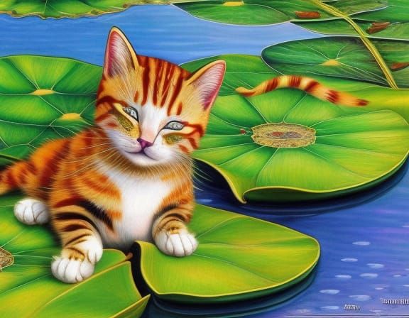 cute cat sleeping on lotus leaf floating on water, Lily Seik...