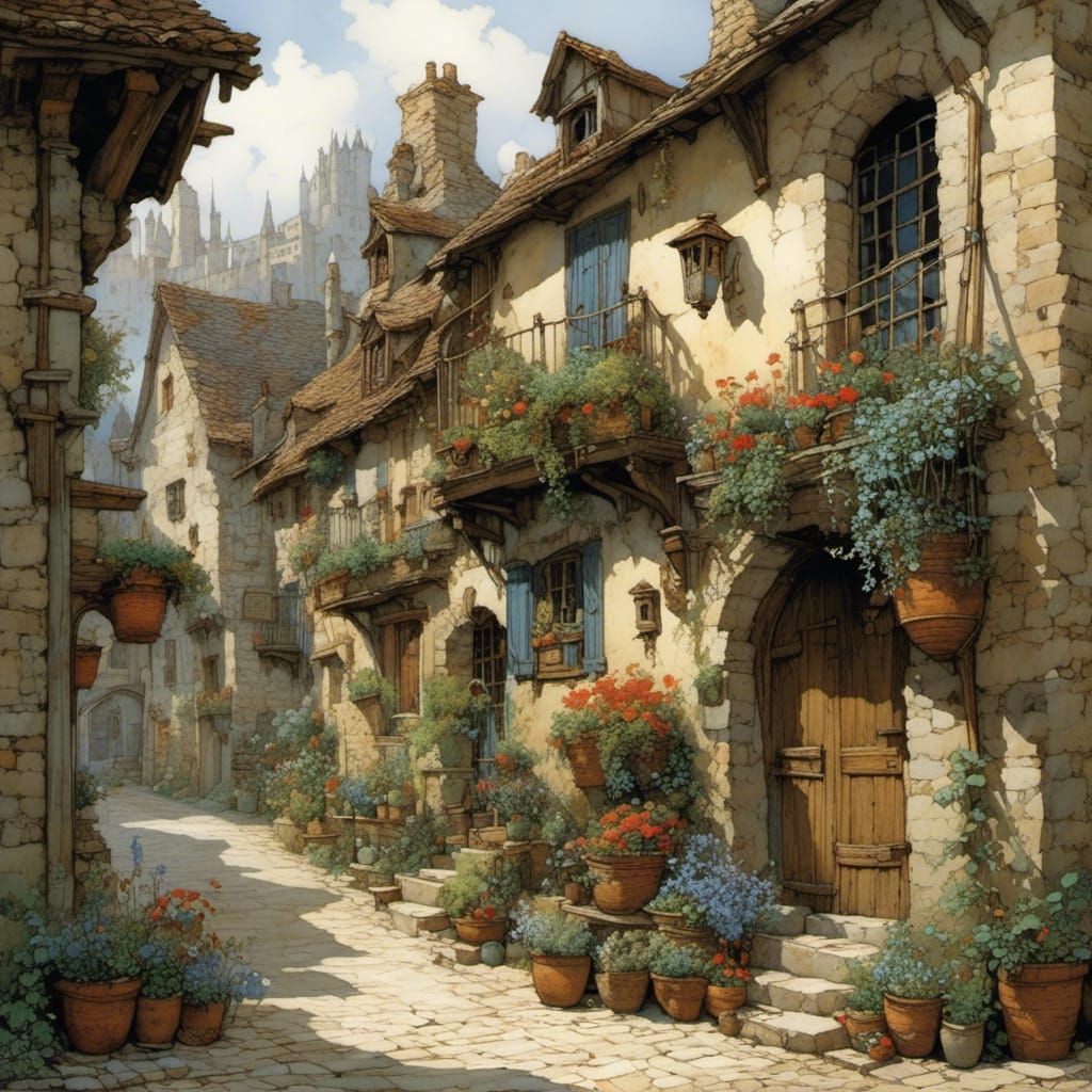 Medieval Stone Alley with Flower Boxes