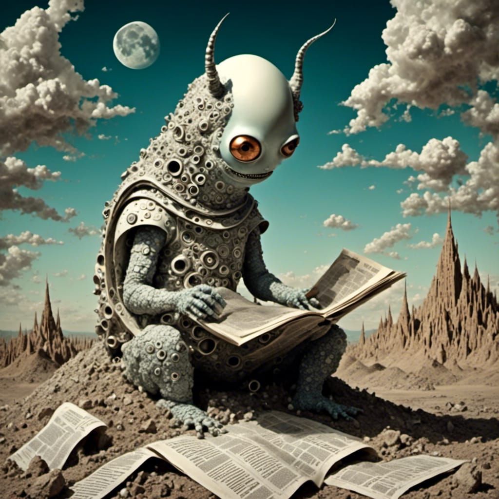 Little Monster Reads News in Surreal Moonscape