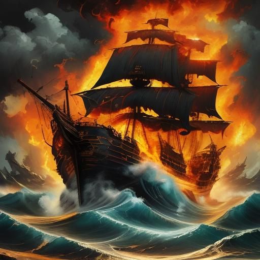 <lora:LostInside:1.0> Heavy waves with pirate ship on fire