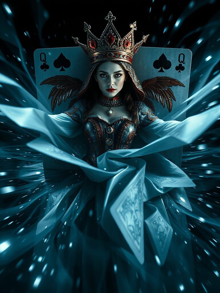  The Faces of the Deck "portrait queen of clubs stepping out of a playing card, pack of playing cards motion blur magic, Eldritch, sparkling...