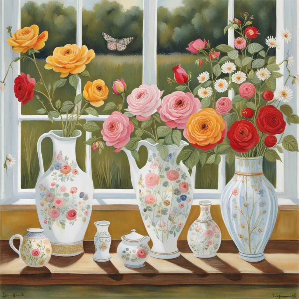 in a windowsill of an old-fashioned window there are countle...