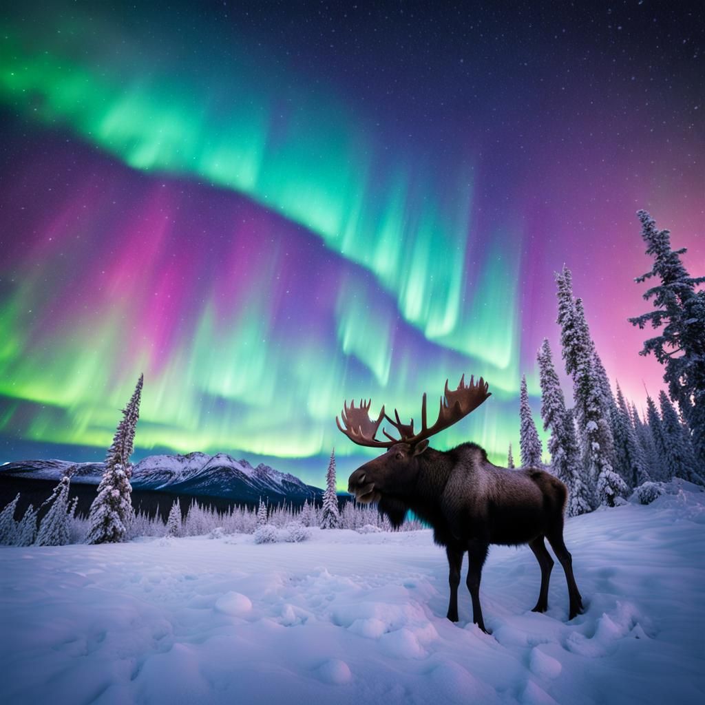 Cinematic landscape photography. Wide angle shot. Aurora borealis above a snow capped mountain with three ...  by @Pjrockey