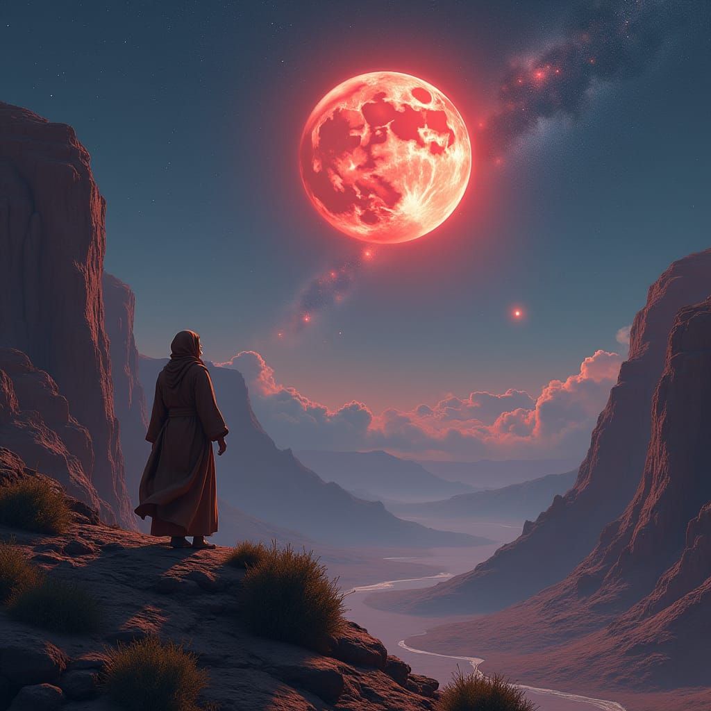 Ethereal Canyon Scene with Red Moon and Jupiter