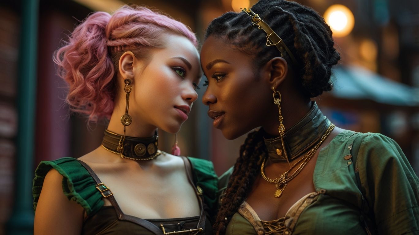 a young black afro woman with long wavy hair tied in braids, and a Korean woman with short pink pixie hair