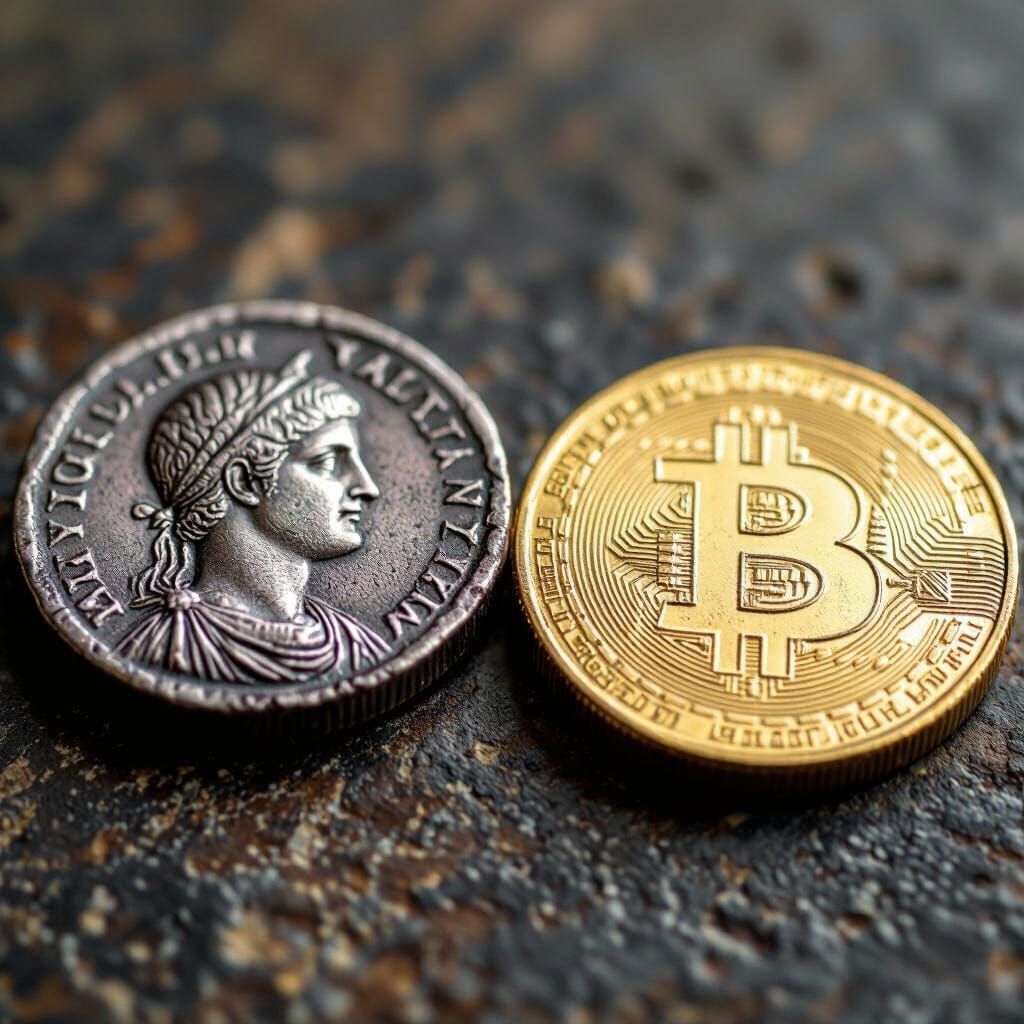 Antique Roman Coin Beside Cryptocurrency