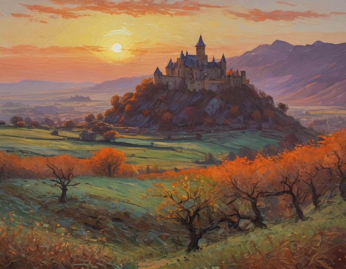 A fantasy landscape. A lush valley seen from a ledge; a castle perched on a rise with the sun setting behind it. Colors of purple and orange...