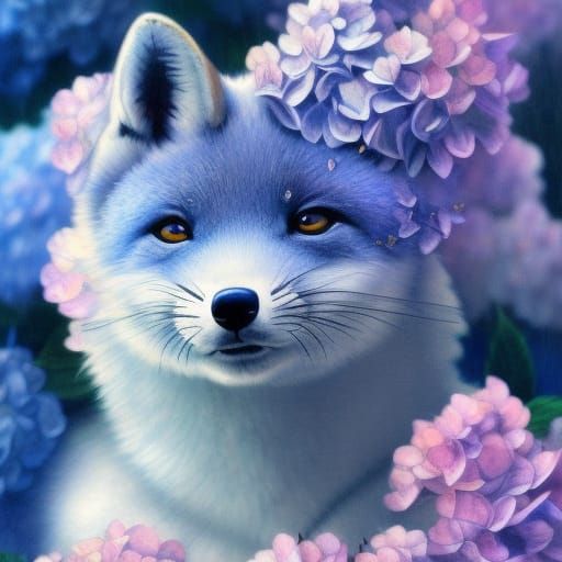 Blue fox in hydrangea flowers 