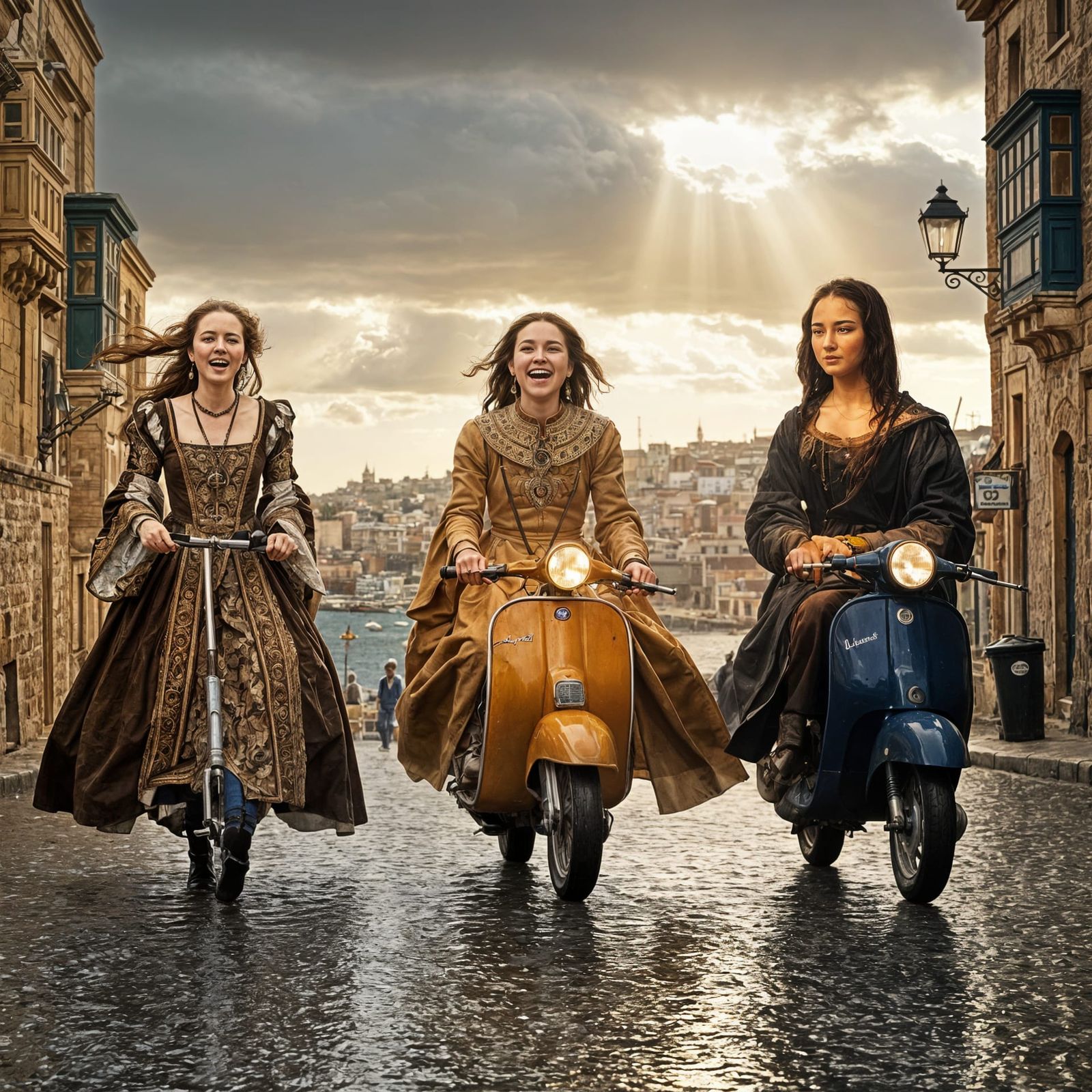 Anne Boleyn, Pharaoh Cleopatra and Mona Lisa explore Valletta on scooters.
