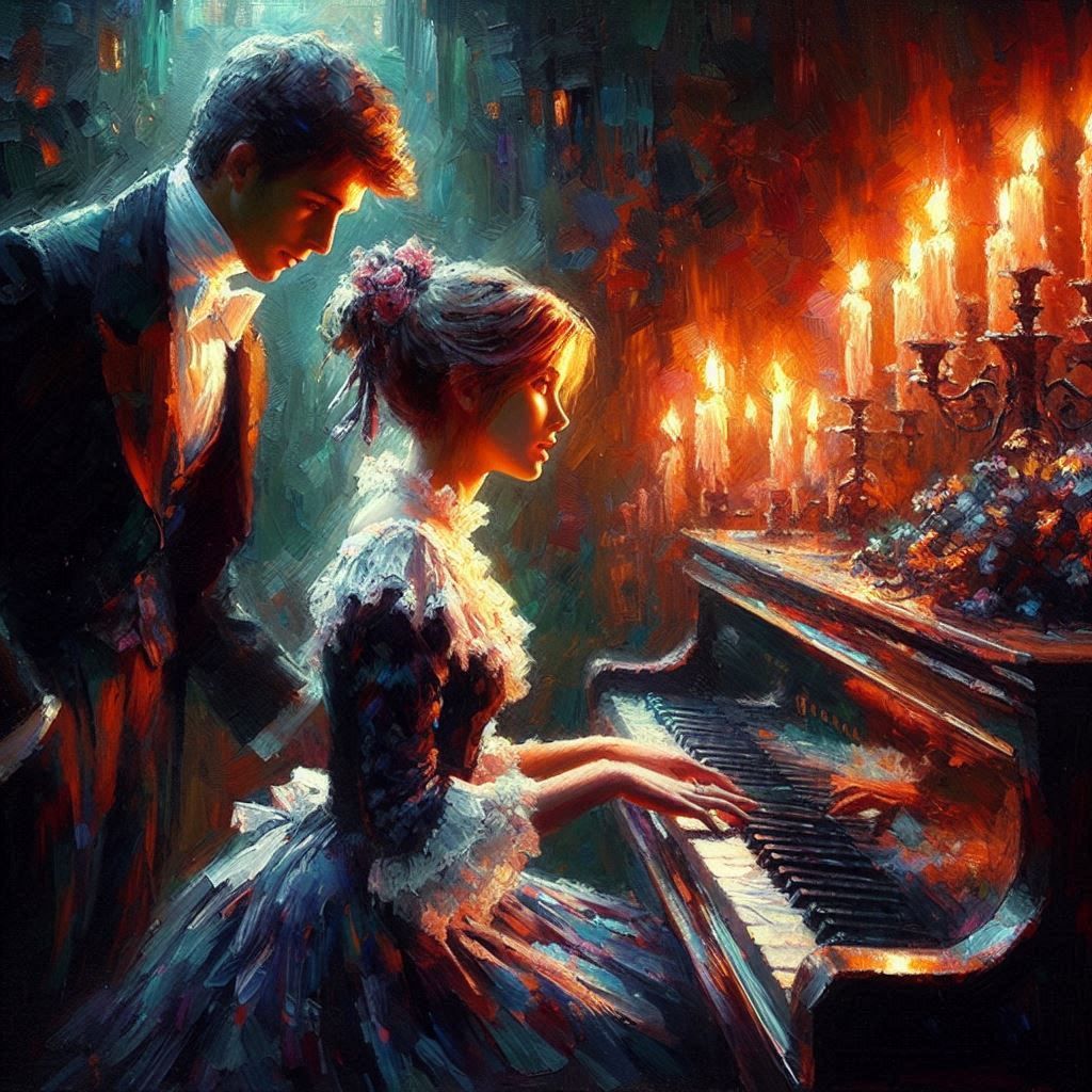 *She looks at the piano but I only look at her*