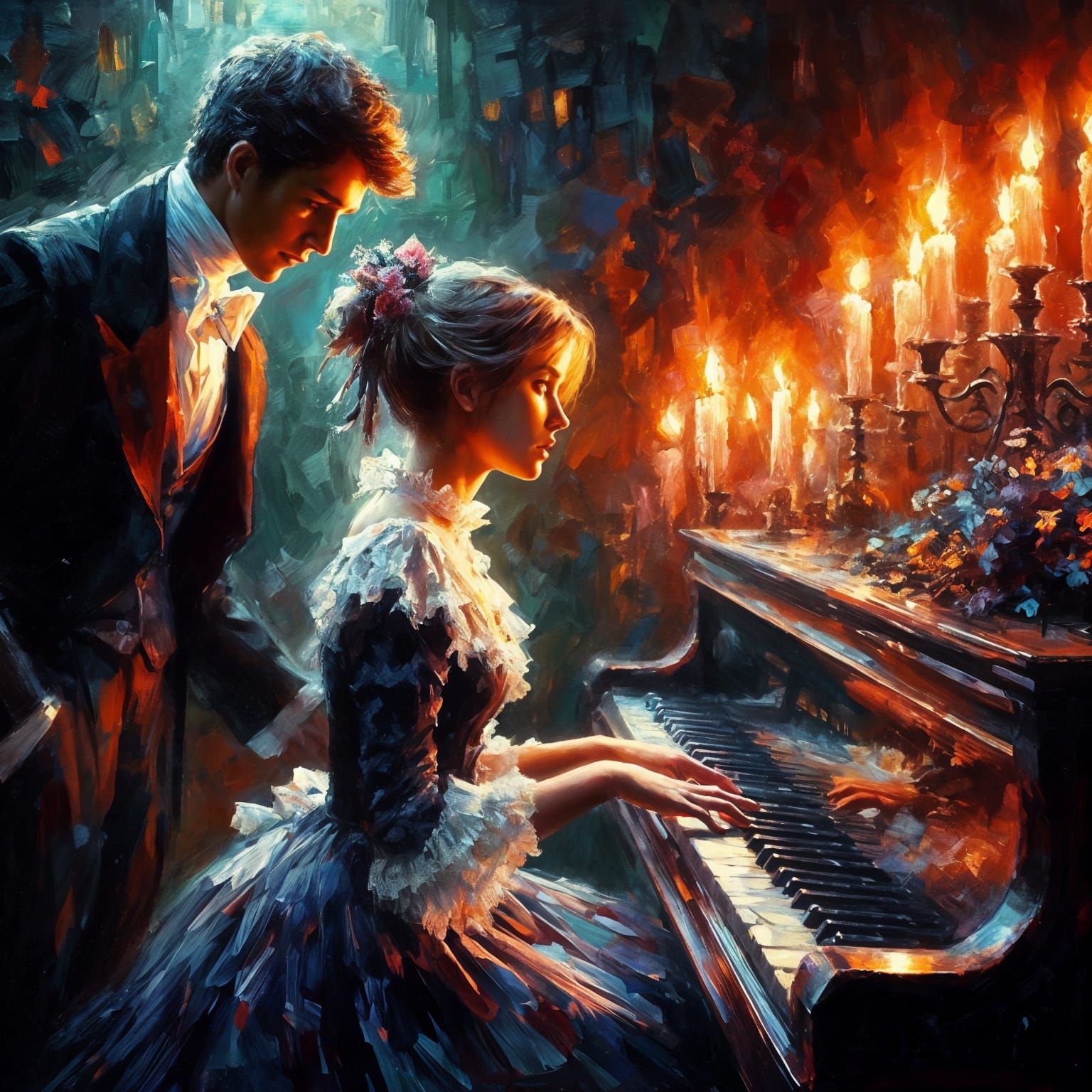 *She looks at the piano but I only look at her*