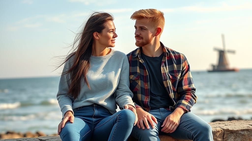 Young Couple by the Sea with Zodiac Wheel