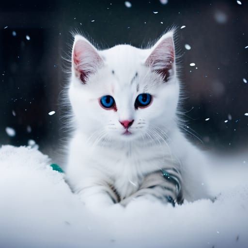 White Kitten, sitting in the snow, in the middle of a blizzard. - AI ...