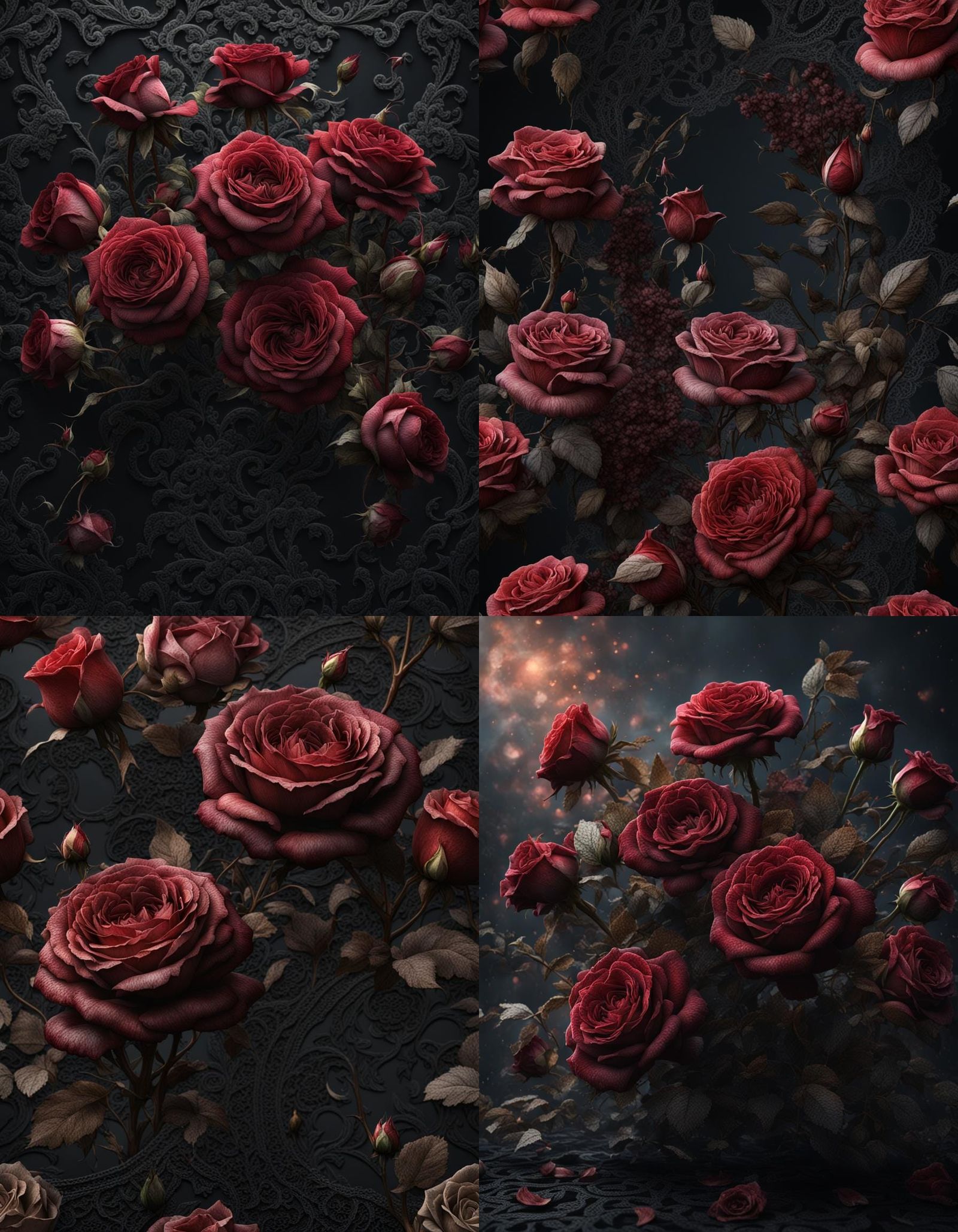 boquet of dying roses against a black lace backgorund detail...